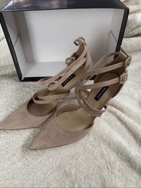 Nine West Blush Nude Pointed-Toe Perforated Strappy Heels